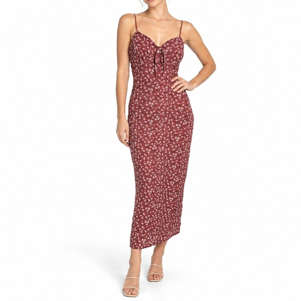 Ultra Flirt Dress Women L Burgundy Floral Midi Sweetheart Ruched Cottagecore